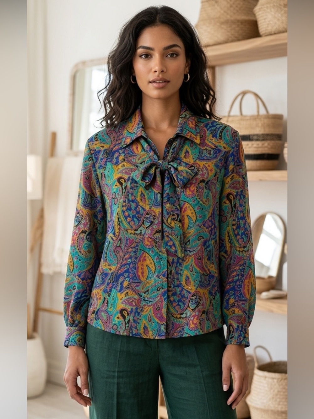 Vintage NWT Regina Porter Paisley  Blouse Multi Color Jewel Tone Size 16